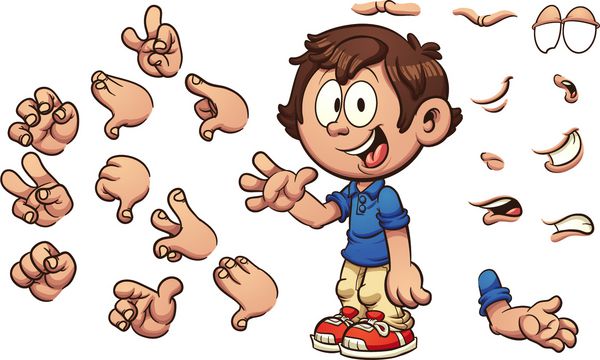 بچه کارتونی با ژست ها و حالت های مختلف وکتور وکتور کلیپ آرت با شیب های ساده برخی از عناصر در لایه های جداگانه هستند