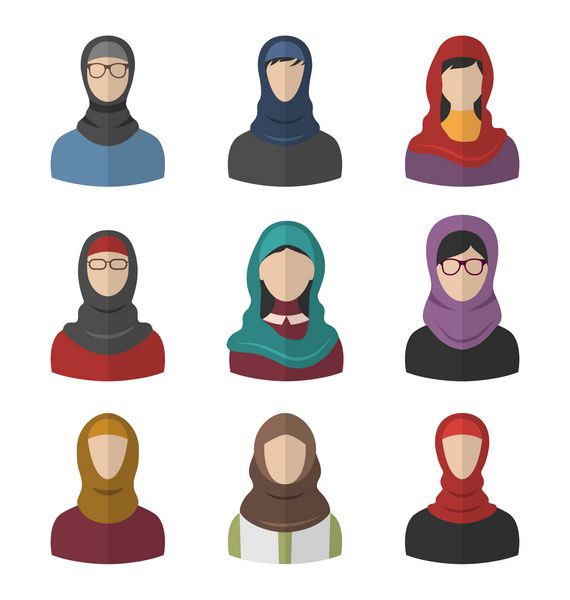مجموعه تصویر زنان عربی سر و روسری پرتره لباس سنتی در کشورهای عربی آیکون های تخت - وکتور