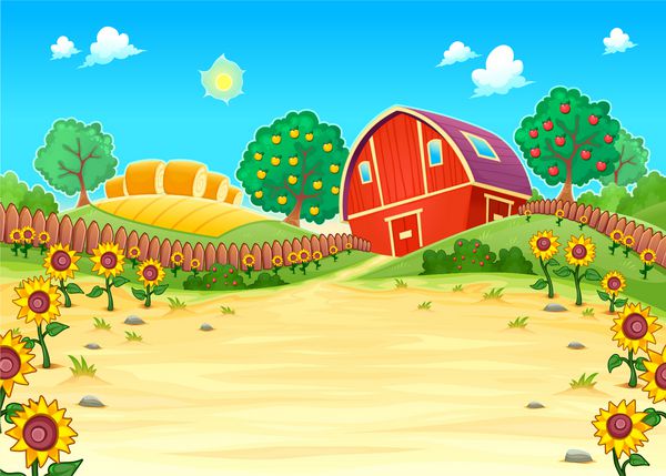 منظره خنده دار با مزرعه و آفتابگردان وکتور کارتونی