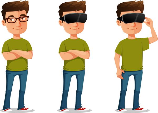 پسر کارتونی خنده دار با استفاده از عینک واقعیت مجازی