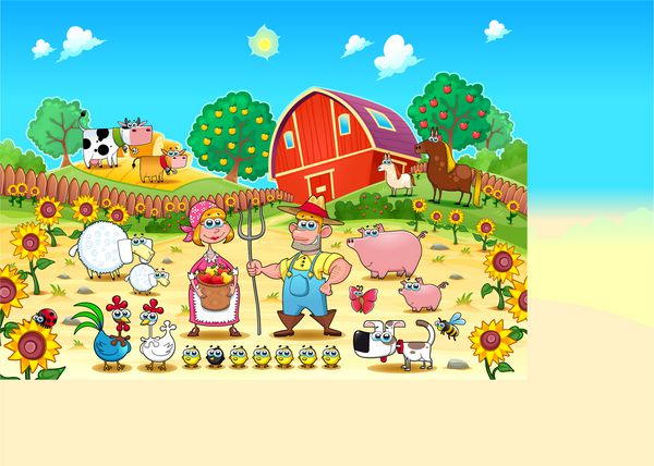 صحنه مزرعه خنده دار با حیوانات و کشاورزان کارتون و وکتور