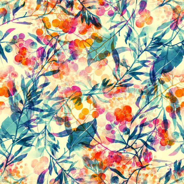 گیاهان گل ها برگ ها و انواع توت ها آبرنگ انتزاعی و چاپ دیجیتال الگوی بدون درز بوهو با دست - آثار هنری ترکیبی برای منسوجات پارچه‌ها سوغاتی‌ها بسته‌بندی و کارت‌های تبریک