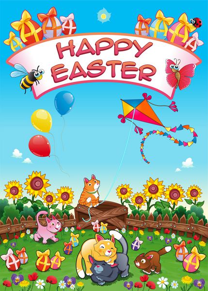 کارت عید پاک مبارک با گربه ها و تخم مرغ های خنده دار وکتور تصویر کارتونی