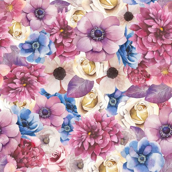 الگوی بدون درز گل های مختلف آبرنگ بافت هنری نقاشی شده با دست با گل صد تومانی گل رز گل شقایق برگ هلیبور تکرار طرح کاغذ دیواری