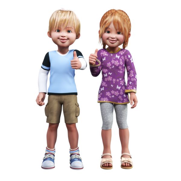 کارتون پسر و دختری با اعتماد به نفس که در یک پس‌زمینه سفید جدا شده انگشت شست را تأیید می‌کنند