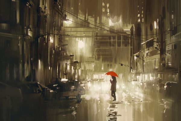 زن با چتر قرمز در حال عبور از خیابان شب بارانی تصویر