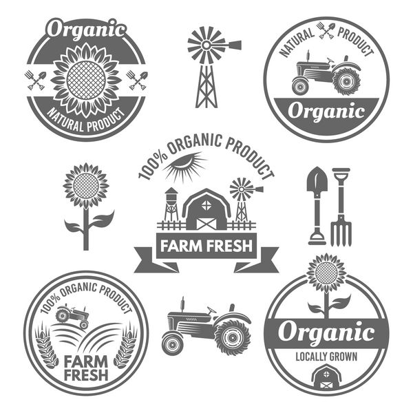 مجموعه ای از وکتور مزرعه محصولات تازه و ارگانیک برچسب های تک رنگ نشان ها نشان ها برچسب ها و عناصر طراحی جدا شده در پس زمینه سفید