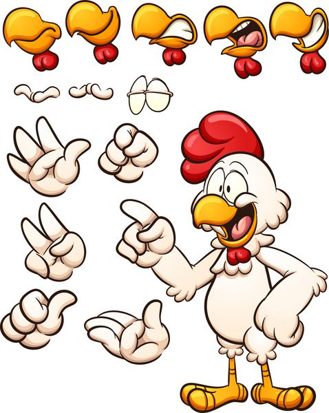 مرغ کارتونی با دست و منقار مختلف وکتور وکتور کلیپ آرت با شیب های ساده هر عنصر در یک لایه جداگانه