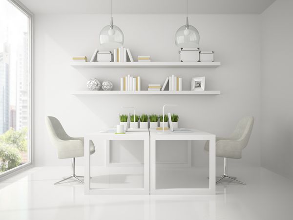 طراحی داخلی اداری مدرن رنگ سفید رندر سه بعدی