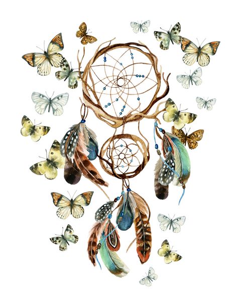 شکارچی رویا با پر و پروانه رویا گیر قومی آبرنگ تصویر نقاشی شده با دست برای طراحی شما