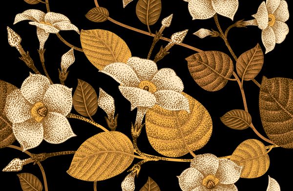 پیچک گیاهی بالا رونده الگوی گل بدون درز علف گل باغچه وکتور - طراحی قالب بسته بندی لوکس پارچه کاغذ شاخه طلایی برگ گل در پس زمینه سیاه