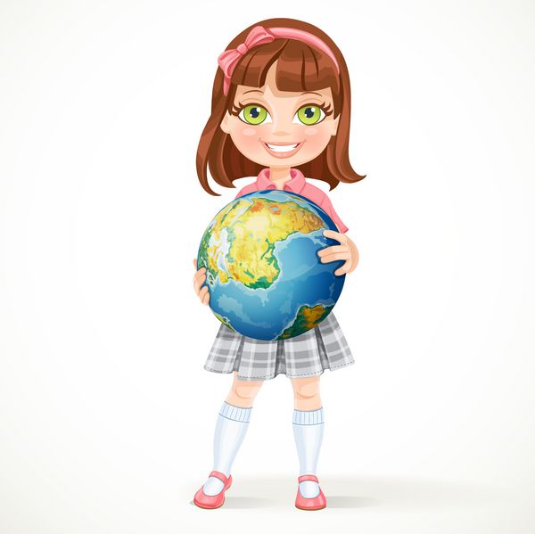 دختر کوچولوی ناز با لباس مدرسه که یک کره در دستانش دارد روز زمین