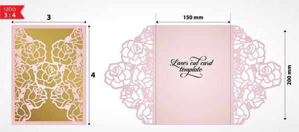 وکتور قالب کارت دعوت عروسی برش لیزری کارت کاغذی با گل های رز کارت تاشو دروازه کاغذی برای برش لیزری یا قالب برش قالب