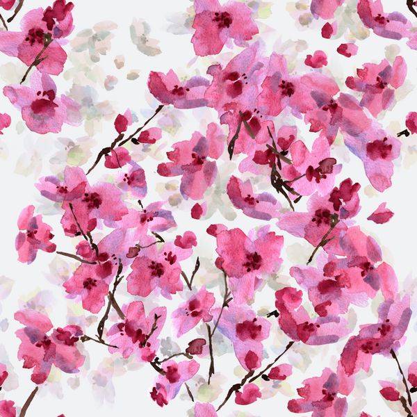 تصویر آبرنگ الگوی بدون درز از شکوفه های صورتی گیلاس وحشی - 3