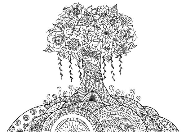 طراحی هنری درخت انتزاعی روی تپه برای کتاب رنگ آمیزی