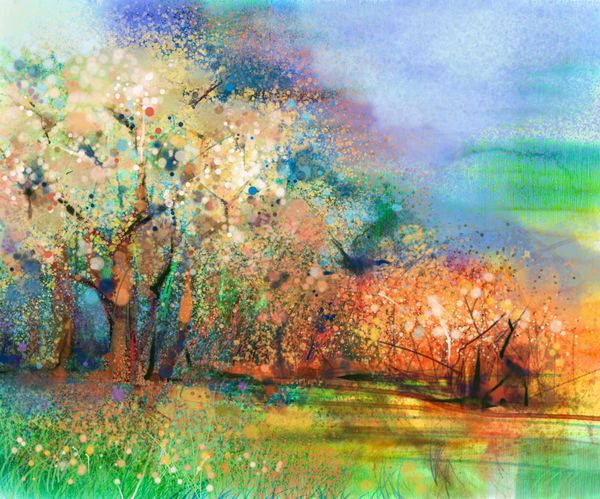 نقاشی منظره رنگارنگ انتزاعی نقاشی رنگ روغن مخلوط تکنیک آبرنگ روی کاغذ تصویر نیمه انتزاعی از درخت و مزرعه به رنگ زرد و قرمز با آسمان آبی پس زمینه طبیعت فصل بهار