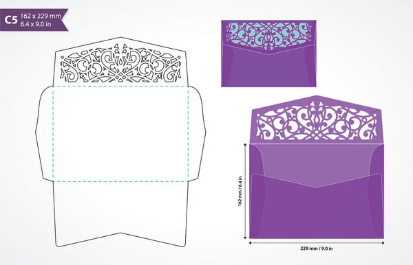 قالب پاکت استاندارد c5 با دریچه تزئینی برای نگهداری کارت سایز a5 ماکت پاکت کات پاکت تزئینی برای دعوت عروسی یا کارت تبریک طرح وکتور برش لیزری برش لیزری