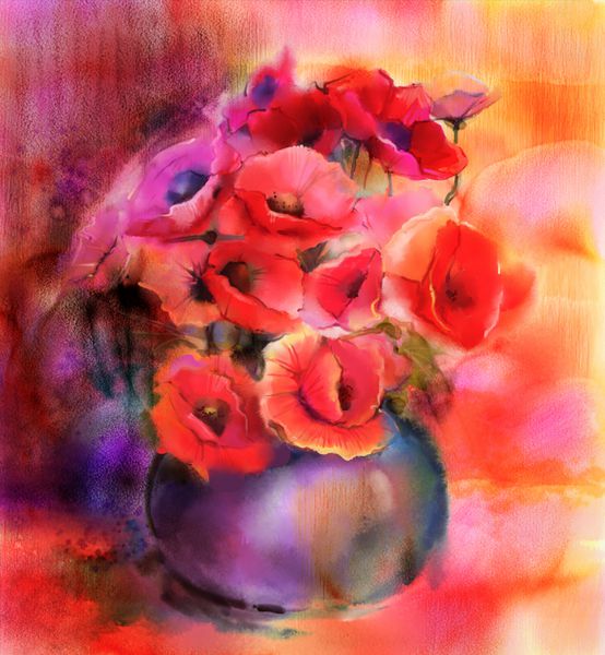 نقاشی آبرنگ طبیعت بی جان گل قرمز و صورتی دسته گل رنگارنگ گل خشخاش در گلدان