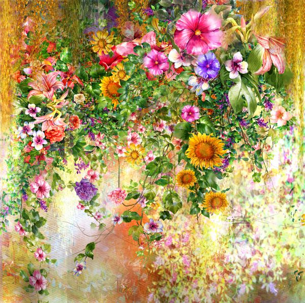 گل های انتزاعی نقاشی آبرنگ گل های رنگارنگ بهاری