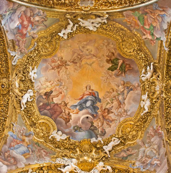 رم ایتالیا - 12 مارس 2016 نقاشی دیواری لقاح معصوم در گنبد اصلی در chiesa di santa maria del orto تا سال 1706 توسط جوزپه و آندریا اورازی 1706