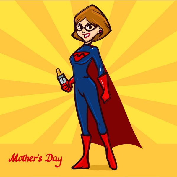 مادر با شیشه شیر کارت تبریک روز مادر شخصیت کارتونی قهرمان فوق العاده مادر وکتور رنگی