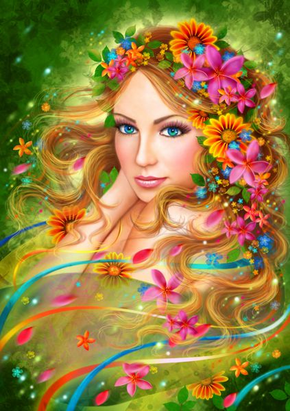 زن پری زیبای بهاری فانتزی با گل های تابستانی طبیعت پرتره مد