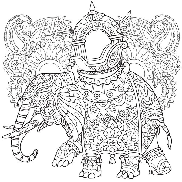 فیل کارتونی استایلیزه شده zentangle با نمادهای پیزلی و مهندی طرحی برای صفحه رنگ آمیزی ضد استرس بزرگسالان ابله طراحی شده با دست زنتاگل عناصر طرح گل برای کتاب رنگ آمیزی