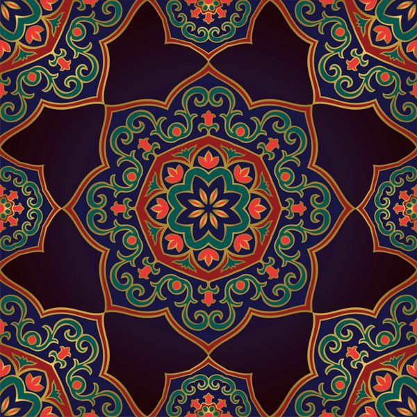زیور غنی و رنگارنگ ماندالا در زمینه آبی تیره قالب برای فرش های شرقی شال منسوجات پارچه کاغذ بسته بندی