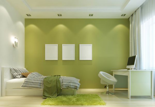 اتاق کودک را به سبک معاصر با تخت و میز طراحی کنید دیوارها به رنگ سبز روشن و تمام مبلمان سفید است روی ماکت پوستر دیواری رندر سه بعدی