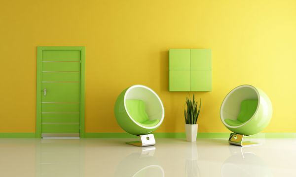 اتاق نشیمن سبز و زرد با دو صندلی راحتی مد - رندر