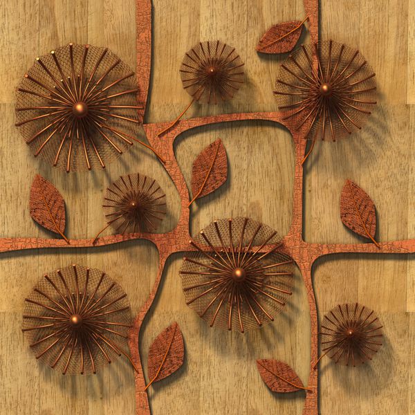 گل‌های مسی سه بعدی روی پس‌زمینه چوبی بدون درز