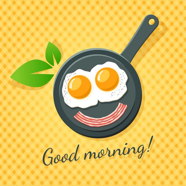 صبح بخیر دو تخم مرغ سرخ شده و بیکن روی یک تابه لبخند می زنند