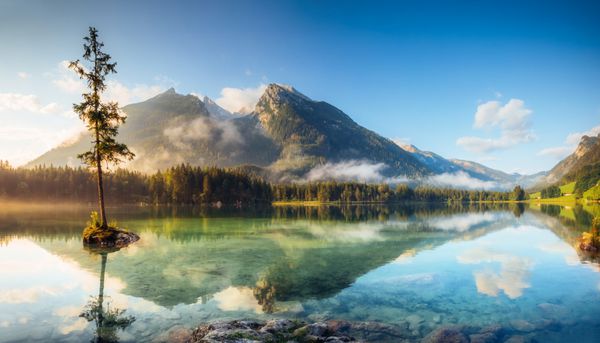 نمایی از آب فیروزه‌ای و منظره درختان در جزیره‌ای در کنار دریاچه‌ی انتهایی محل رفت و آمد مکرر معروف پارک ملی berchtesgadener land ramsau باواریا کوه های آلپ اروپا تصویر هنری دنیای زیبایی