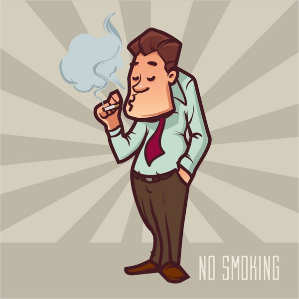 کارتونی خنده دار کارمند اداری در حال سیگار کشیدن سیگار کشیدن ممنوع سیگار کشیدن را ترک کنید شخصیت کارتونی وکتور