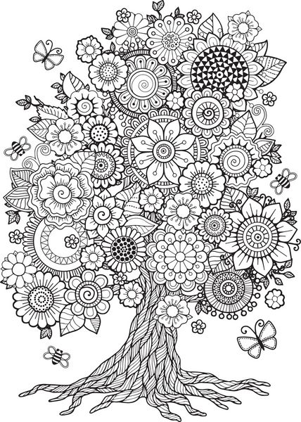 درخت شکوفه عناصر وکتور کتاب رنگ آمیزی بزرگسالان ابله برای مدیتیشن