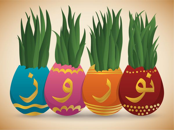 علف گندم یا سبزه در داخل تخم مرغ های رنگارنگ رنگارنگ دست ساز برای نوروز سال نو ایرانی روییده است