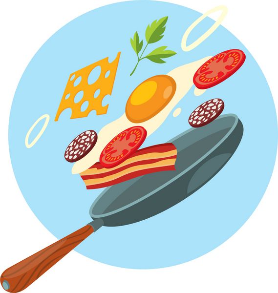 صبحانه تازه ماهی تابه تخم مرغ سرخ شده بیکن سبزی و پنیر تصاویر رنگی به سبک طراحی دستی
