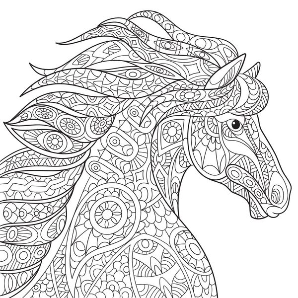 اسب کارتونی تلطیف شده zentangle موستانگ جدا شده در زمینه سفید طرح طراحی شده با دست برای صفحه رنگ آمیزی ضد استرس بزرگسالان نشان تی شرت آرم یا با ابله عناصر طراحی zentangle