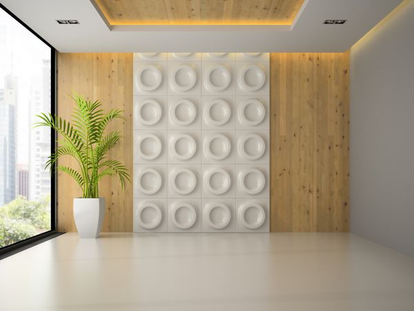 فضای داخلی اتاق خالی با پانل دیواری و رندر سه بعدی کف دست