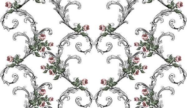 الگوی وینتیج به سبک اوکی با گل های کوچک و چرخش روی سفید