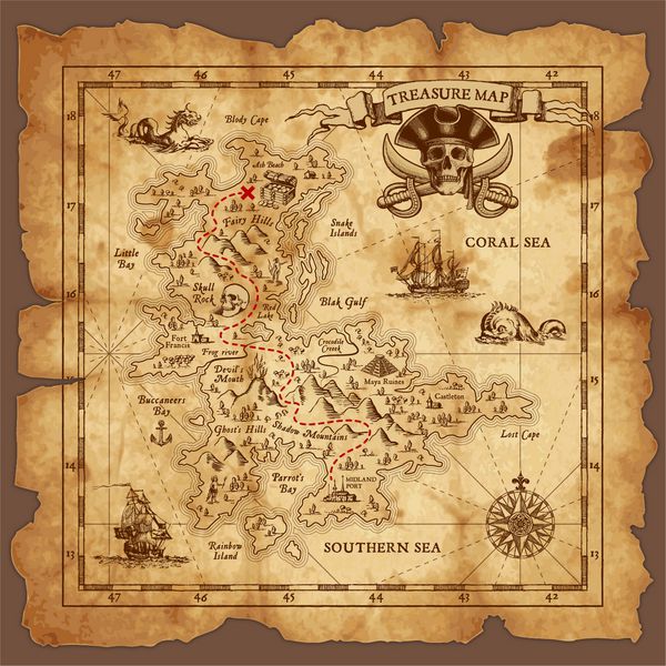 وکتور نقشه گنج دزدان دریایی بسیار دقیق بر روی پوسته قدیمی ویران شده همه عناصر با لایه ها سازماندهی شده اند