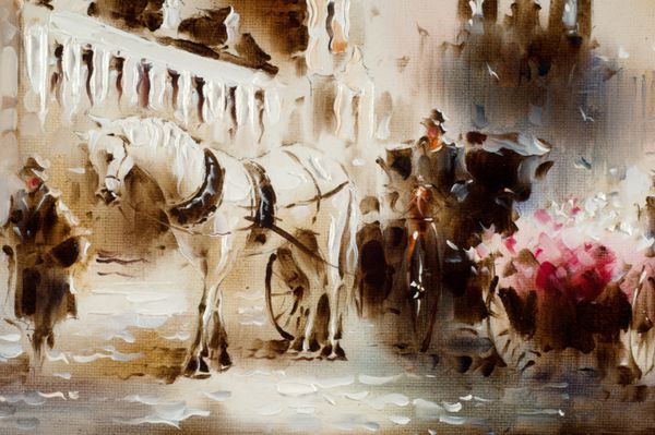 بافت پس زمینه هنرمند نقاش نقاشی با تم قدیمی اسب های مهار شده به گاری جفت دست بلند شده یک بند اسب قدیمی را متوقف کرد شهر قدیمی هوای بد پاییزی