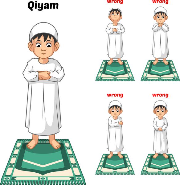راهنمای وضعیت نماز مسلمان گام به گام اجرا توسط پسر ایستاده و قرار دادن هر دو دست با وکتور وکتور موقعیت اشتباه