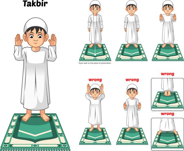 راهنمای وضعیت نماز مسلمان گام به گام اجرا توسط پسر ایستاده و بالا بردن دست ها با وکتور از موقعیت اشتباه