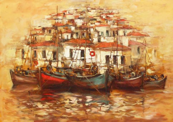 قایق در بندر جزیره نقاشی دست ساز
