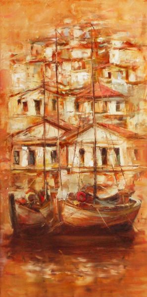 قایق در بندر جزیره نقاشی دست ساز