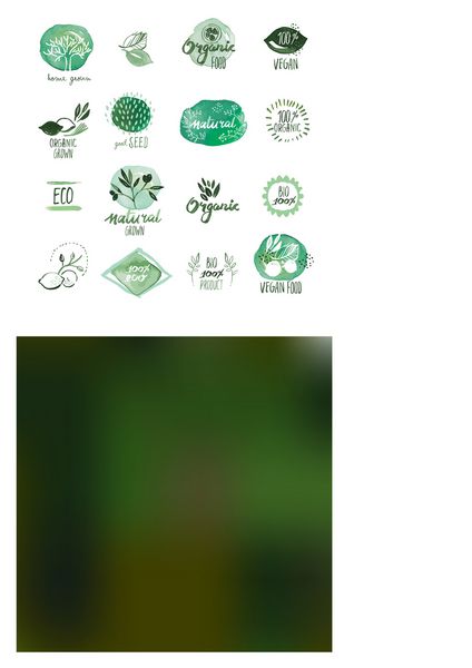 مجموعه ای از برچسب ها و نشان های آبرنگی که با دست کشیده شده اند تصاویر وکتور برای غذا و نوشیدنی ارگانیک رستوران و محصولات ارگانیک