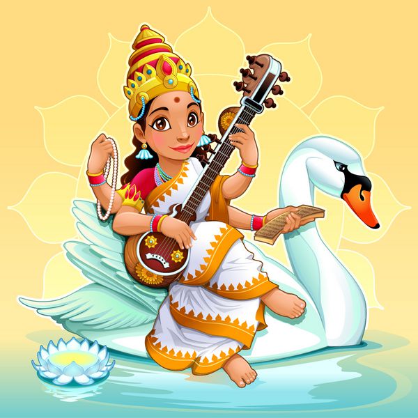 ساراسواتی الهه هندو دانش موسیقی هنر خرد و دانش وکتور تصویر کارتونی