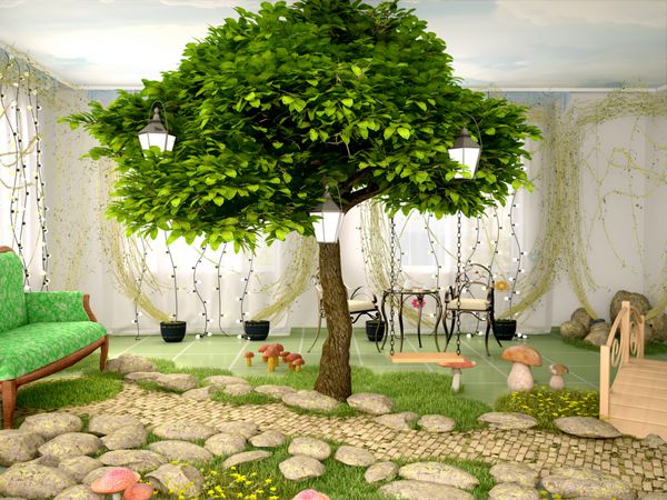 تصویر سه بعدی از مفهوم خانه اکو اتاقی پر از گیاهان درخت علف سنگ قارچ و گل فضای داخلی افسانه ای