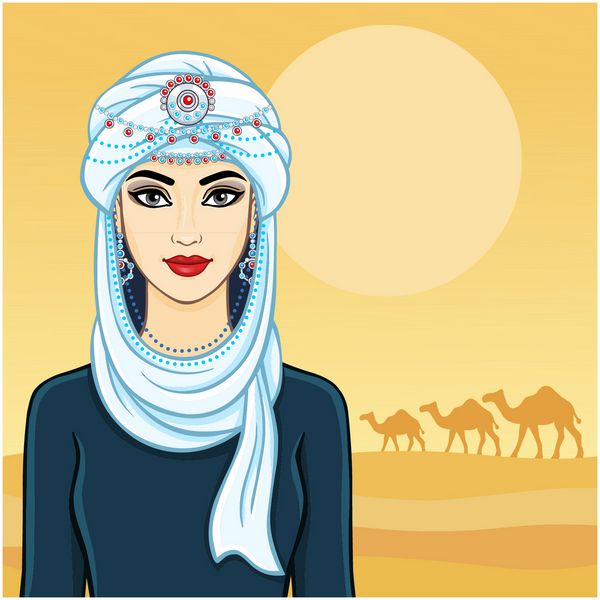 زن زیبای جوان با عمامه سفید و جواهرات نقره ای پس زمینه - صحرا کاروان شتر